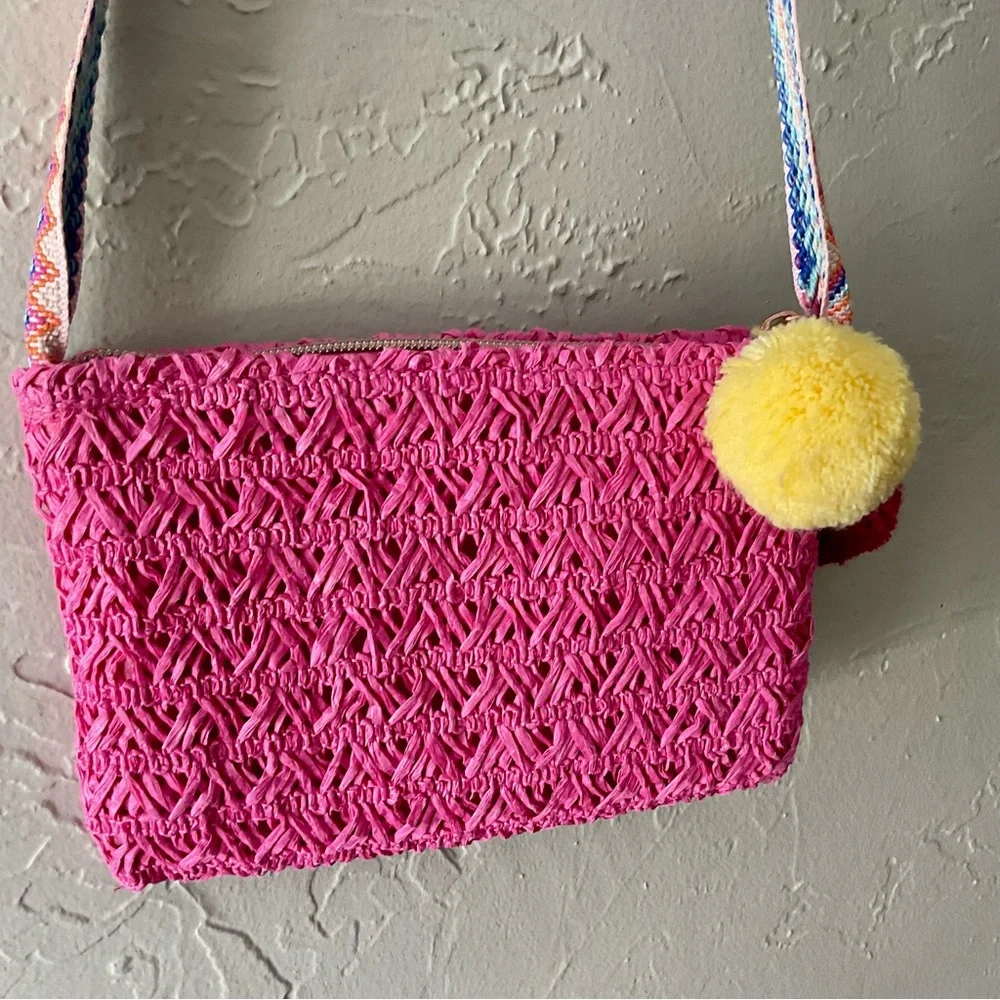 Old Navy Pink Woven Kids Crossbody Bag with Pom Poms